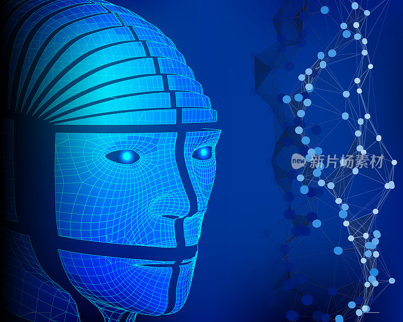 Artificial intelligence background with 3d wireframe head. AI. Abstract digital grid cyborg head for technology banner. Vector illustration.